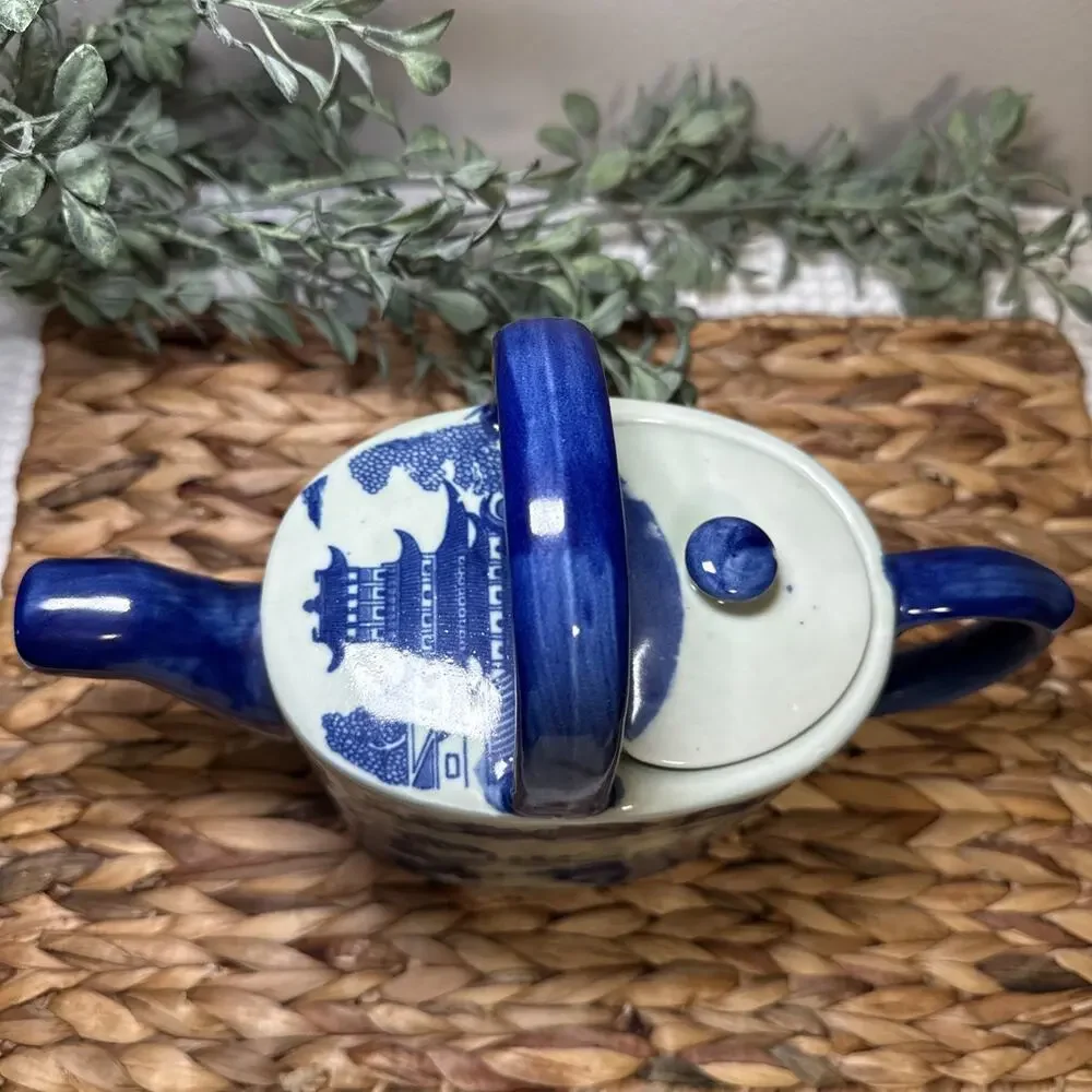 Victoria Blue White Ironstone Teapot Chinoiserie Landscape Handle 10.5” Vintage